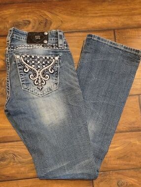 Miss Me Blue Boot Cut Jeans with Embroidered Studded Pocket. Size 28.